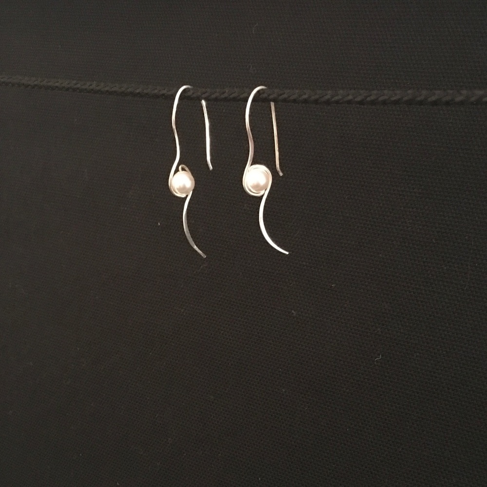 Handcrafted Organic Shape Long Sterling Silver and Natural White Pearl Earrings